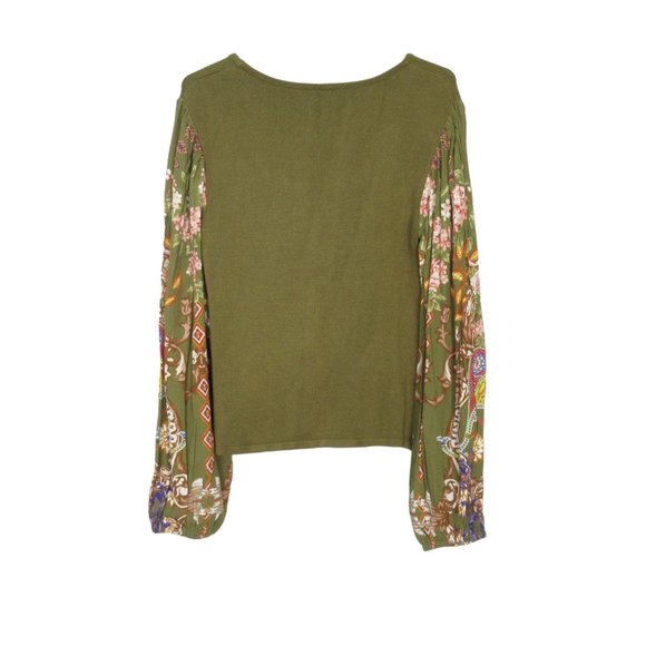 Anthropologie Bl-nk Printed-Sleeve Sweater Top Green Motif - Medium - Picture 6 of 10